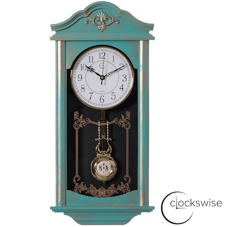 Clockswise Large Vintage Grandfather Wood- Looking Plastic Pendulum Wall Clock, Large Blue QI004145.L.BL